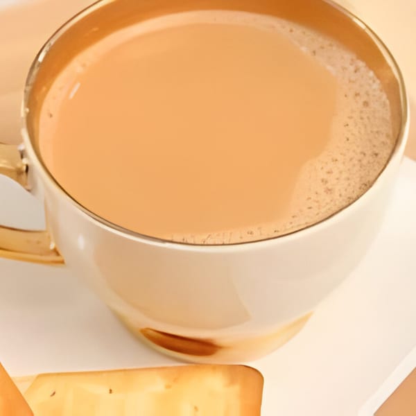 Close-up of a white and gold cup filled with frothy chai, with a biscuit visible.